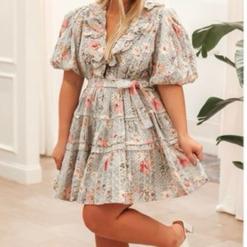 Floral Ruffle Puff Sleeve Wrap Dress